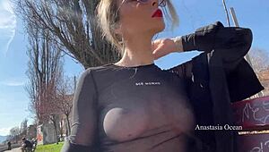 Public City Walk in See-Through Top Flashing Natural Tits to Shocked Passers-By