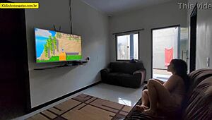 I'm watching hot young girl on sofa, legs open, wanting to fuck with big black cock.