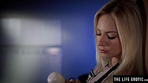 Blonde bombshell teases with huge tits while shaving her dripping pussy