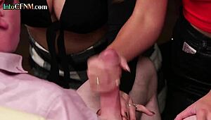 Amateur babes dominate cocks in intense group handjob.