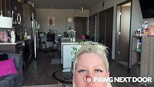 Big booty blonde deepthroats black dick at home, sloppy and swallowing