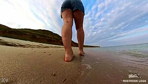 Follow wrinkled feet on sandy beach
