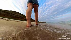 Follow wrinkled feet on sandy beach