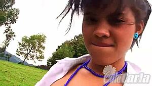 Watch petite teen 18+ Carla stripping and masturbating outdoors