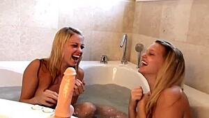 Petite Teen Lesbian Strips Naked in Steamy Tub Scene