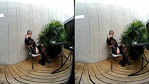 young girl smokes topless in leather skirt