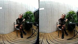 young girl smokes topless in leather skirt