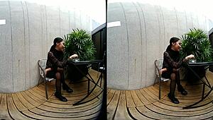 young girl smokes topless in leather skirt