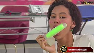 sweet brunette babe enjoys dildo masturbation with her big ass, she's so into toys and lesbian fun