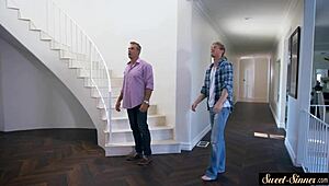 In a taboo fantasy, the teen babe rides cock in the kitchen