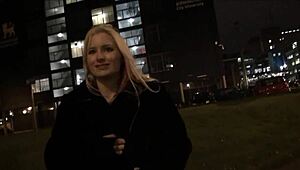 blonde british babe flashing downtown, showin’ off them tits at night