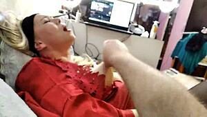 Charming mature woman in red stockings drives me wild solo