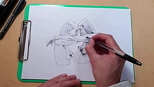Two sexy girls sketch each other on webcam, then fuck.