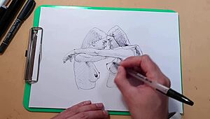 Two sexy girls sketch each other on webcam, then fuck.