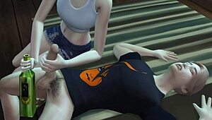 Dude, she’s sucking her friend’s cock after a crazy cartoon party! 😜