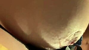 Licking her wet pussy on the dining table – cum dripping out.