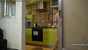 Blonde Teen Kira Strips Naked While Cooking in Kitchen