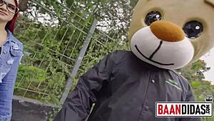 horny redhead rosario red rides milky bear in studio