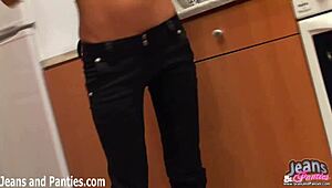 Intriguing emo tomboy teen strips out of tight jeans for neighbors