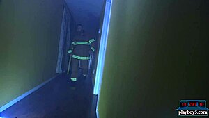 brunette gets her fantasy blowjob from the firefighter