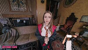 Bold VR Hogwarts Parody: Laney Grey As Penelope Delivers Intense Handjob And Riding Action.