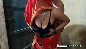 Indian Bhabhi in Red Saree Enjoys Hard Ranch Fucking