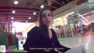 Brunette with small 18+ tits gets caught in a public shop encounter.