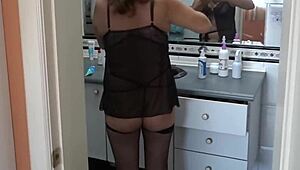 showing off in erotic lingerie as my stepson jerks his big cock.