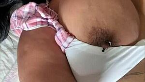 This curvy babe teases with big natural tits in lingerie. Her solo play gets wild!