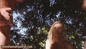 Real teen pussy close-up at outdoor party