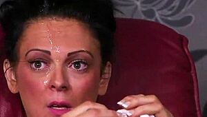 Wacky stunner in blowbang gets facial cumshot and gulps spunk