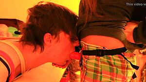 Boyfriend's tied up getting strapon blowjob from mistress 😈