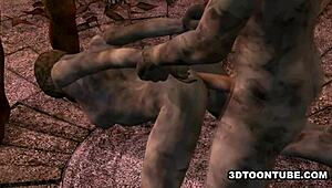 3D cartoon zombie babe drilled by two guys in outdoor action