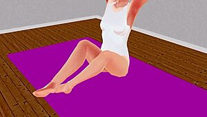 Anime girl stretches in yoga exercise with Leo.