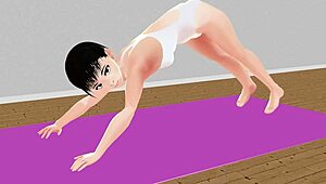 Anime girl stretches in yoga exercise with Leo.