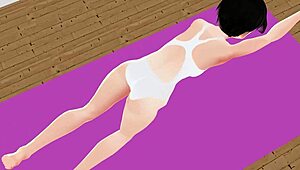 Anime girl stretches in yoga exercise with Leo.