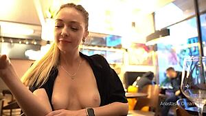My Pussy Gets So Wet Baring Boobs Topless in a Busy Cafe Full of Guys!