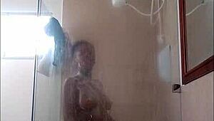 ebony girl drops dildo in shower, licking and blowing big tits, omg lol