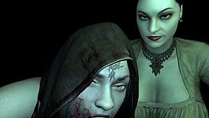 lady dimitrascu takes on two for a sloppy double blowjob in resident evil parody