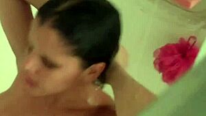 Diamond steps into the shower for a relaxing solo session.