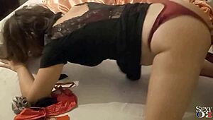 French amateur in cotton dress performs deepthroat and doggystyle