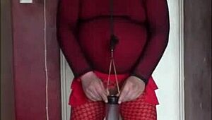 Sissy crossdress boldly swallows piss in homemade bisexual clip.