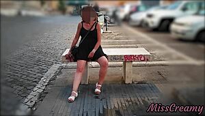 Whoa, Misscreamy flashing her pussy with no panties under that short dress while walking in public city center 😲