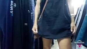 Nippleringlover Flashes Pierced Pussy Upskirt in Public Store on Busy Road