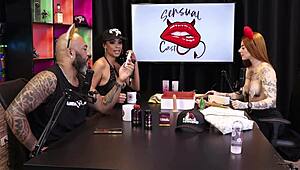 Two beautiful teens test product on breasts, redhead in sheer red 😍