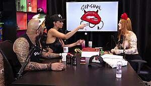 Two beautiful teens test product on breasts, redhead in sheer red 😍