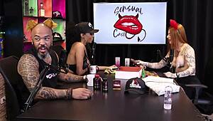 Two beautiful teens test product on breasts, redhead in sheer red 😍