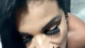 Latina tattooed amateur starts with striptease, ends with facial cum.