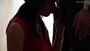 Hot wife deepthroats friend's big cock in red dress