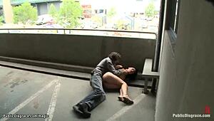 Trapped in Stock Slut Public Fucked with Kinky Bondage